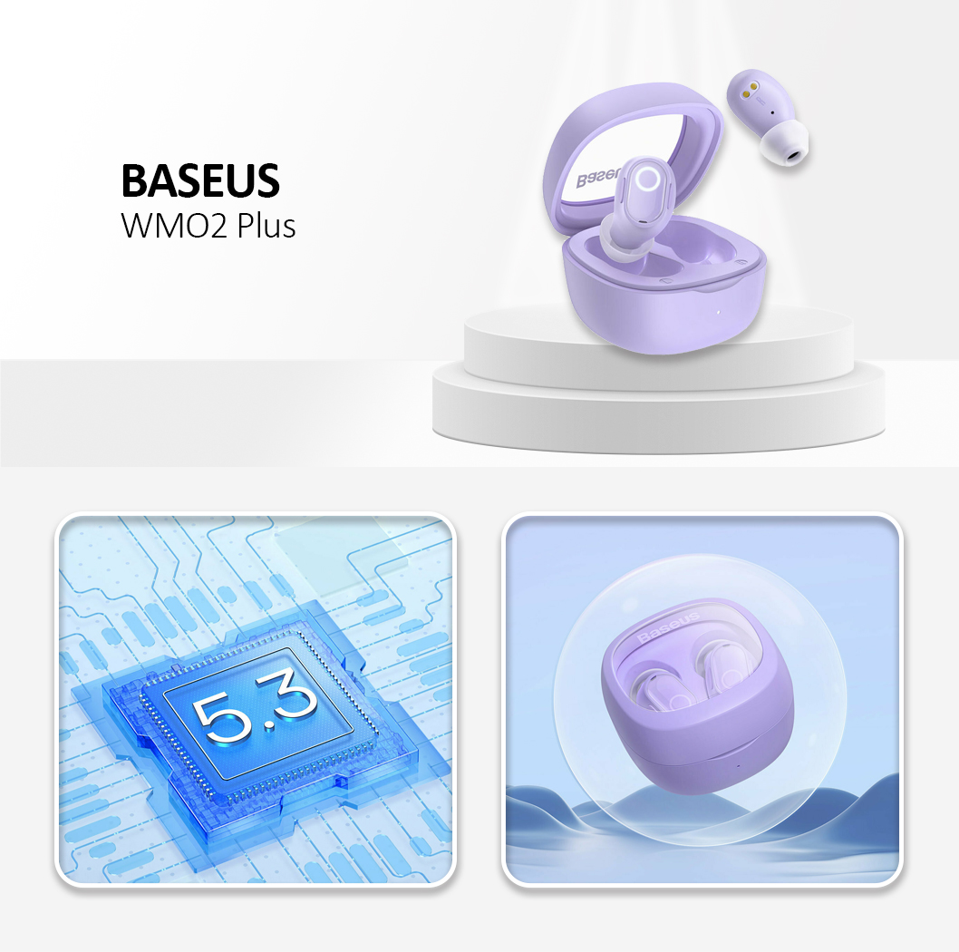 Baseus WM02+ Wireless Earbuds True Wireless Stereo, Bluetooth V5.3, Smart Display - Purple